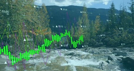 Stock market data animation over mountain stream and forest landscape - Powered by Adobe