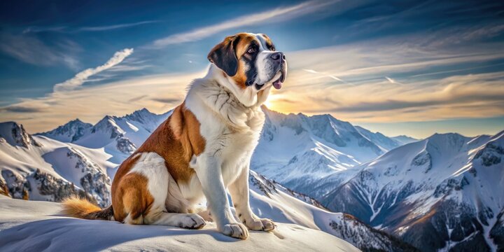 A majestic Saint Bernard dog, with its distinctive white coat and orange markings, sits on a snow-covered mountain peak, gazing serenely into the distance.