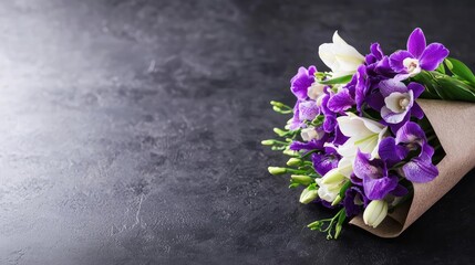 A beautiful bouquet featuring purple and white flowers, elegantly wrapped, perfect for any occasion or decoration.
