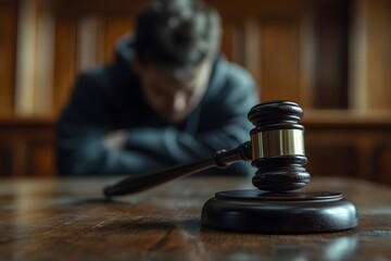 Close-up of a gavel on a table with a blurred, sorrowful defendant man in the background at a court. A wooden judge's hammer in a tribunal room.