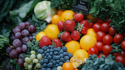 Balanced diet presentation with fresh fruits and vegetables, vibrant salad, and colorful smoothie in a clean, organized kitchen