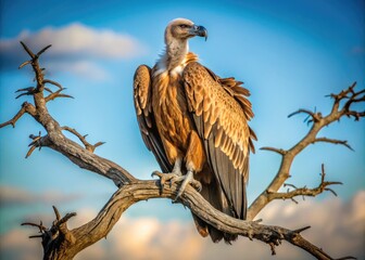 A majestic vulture with outstretched wings perches atop a barren tree, surveying its desolate surroundings with piercing eyes, feathers rustling in the wind.