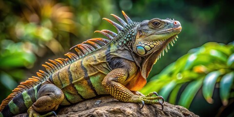 Naklejka premium A majestic Spiny-tailed Iguana perches on a rock, its scaly body adorned with vibrant green and brown hues, its distinctive spiky tail curled around its base.