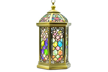 A traditional ornate gold lantern with stained glass panels in shades of pink, yellow, green, blue and purple.