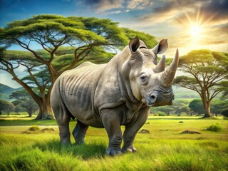 Fototapeta premium A massive, armored rhinoceros with a distinctive horn and wrinkled gray skin stands majestically in a lush green savannah, surrounded by acacia trees and sunshine.