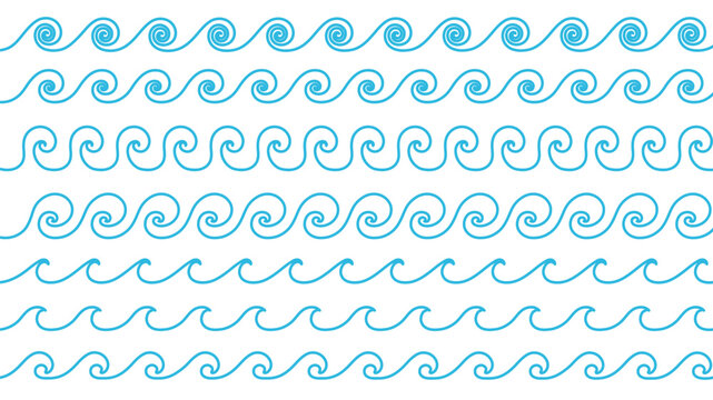 Blue moving sea waves water lines. Ocean water splash, sea tide, storm waves on white background.
