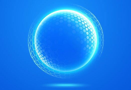 Spherical protective energy dome on blue background. Shield of cybersecurity, internet safety, healthcare.