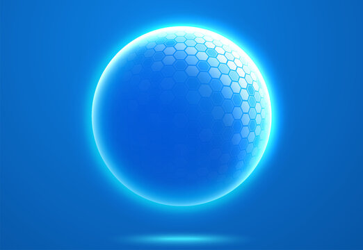 Spherical protective energy dome on blue background. Shield of cybersecurity, internet safety, healthcare.