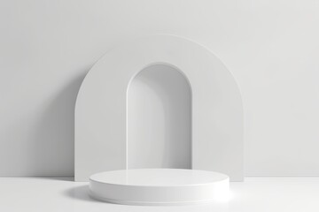 Minimalist white podium on seamless white backdrop, emphasizing clean lines and simplicity, perfect for showcasing products or presentations in a modern aesthetic.