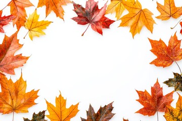 Fototapeta premium Autumn Maple Leaves Flat Lay White Background created with Generative AI