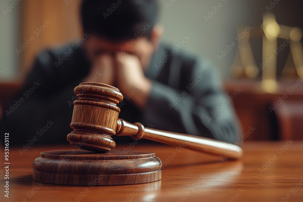 Wall mural close-up of a gavel on a table with a blurred, sorrowful defendant man in the background at a court.