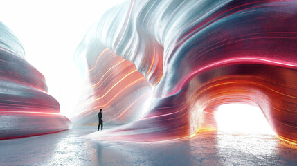 Person stands alone in surreal sculpted rock cave structure, Futuristic abstract technology scene, Immersive experience or virtual reality concept