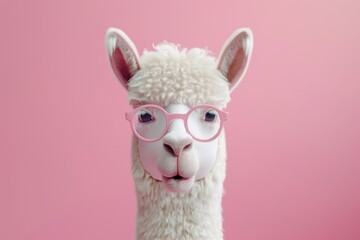 Obraz premium Cute cartoon curly llama wearing glasses, charming character design for children, vibrant pink background, ideal for playful and imaginative storytelling elements