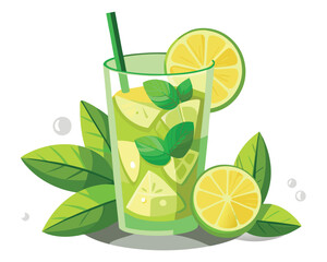 Lemon lime green mojito with mint leaves, vector illustration