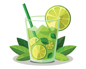 Lemon lime green mojito with mint leaves, vector illustration