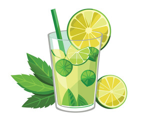 Lemon lime green mojito with mint leaves, vector illustration