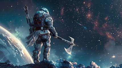 Futuristic Viking Warrior in Space Suit Wielding Energy Axe on Distant Planet with Stars Background
