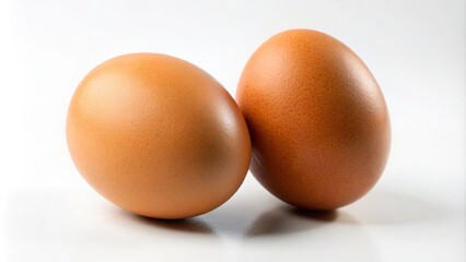 A pair of brown eggs, positioned in harmony on a bright white background, accentuating their organic shapes and warm tones.