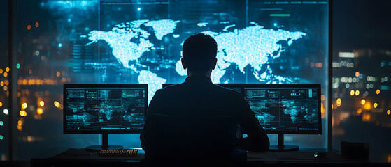 Professionals sitting at their desks, analyzing global data on computer screens with large monitors displaying world maps and data points, creating an atmosphere of national security.