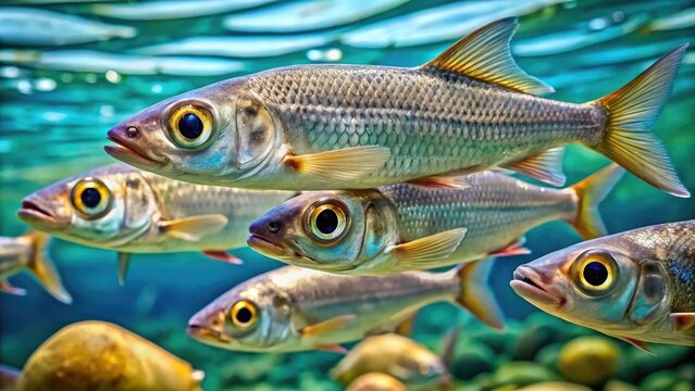 A school of four-eyed fish, also known as Anableps, swim together in shallow water, their distinctive eyes visible above and below the surface simultaneously.
