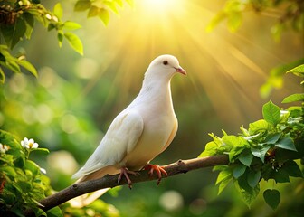 Obraz premium A serene white dove perches on a delicate branch, its gentle gaze and soft feathers bathed in warm, golden light amidst lush green foliage surroundings.