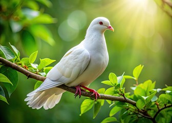 Fototapeta premium A serene white dove perches on a delicate branch, its feathery wings gently folded, surrounded by lush green foliage and warm, soft natural light.