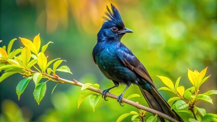 Naklejka premium A sleek black Phainopepla bird with iridescent feathers and a distinctive crest perches on a delicate branch amidst lush green foliage and soft morning light.