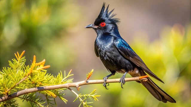 A sleek black Phainopepla perches on a spindly branch, its iridescent feathers glimmering in the desert sun, with a splash of crimson at its crown.
