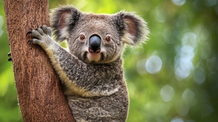 A close-up of a koala clinging to a tree branch, showcasing the cute and cuddly nature of this Australian marsupial
