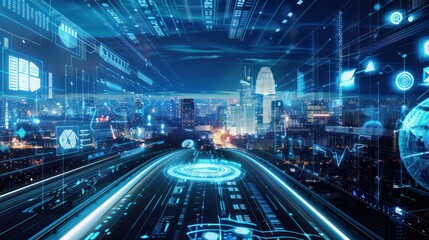 Futuristic Cityscape with Digital Interface