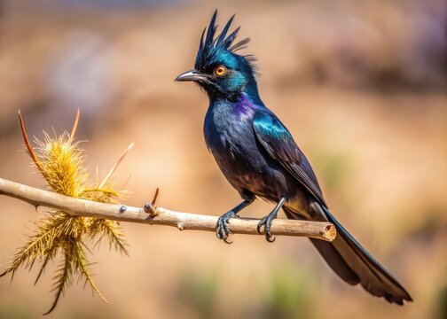 A sleek, iridescent Phainopepla bird perches on a branch against a blurred desert landscape, its black plumage glistening with subtle purple and blue undertones.