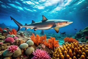 Obraz premium A sleek whitetip reef shark glides effortlessly through a vibrant coral reef ecosystem, its distinctive white tips contrasting with the ocean's turquoise waters.