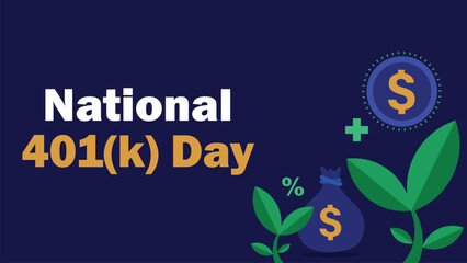 National 401(k) Day vector banner design with geometric shapes and vibrant colors on a horizontal background.