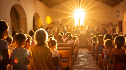 Christmas Eve Mass scene with families, including children and elderly, gathered in beautifully decorated church. Warm lighting, candles, and golden accents highlight the solemn and joyful atmosphere.