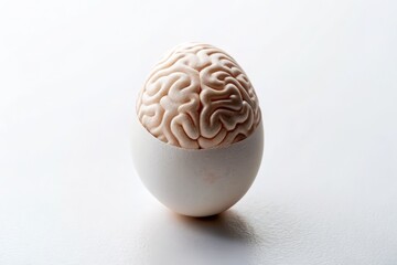 A single egg sitting on a white background, with a subtle brain pattern etched onto its surface, conveying the idea of a healthy mind