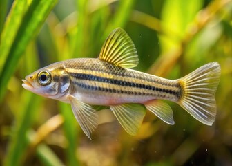 Fototapeta premium A small, endangered fish with a slender body and distinctive lateral stripes swims in the murky waters of a California delta wetland ecosystem.