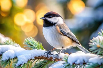 Naklejka premium A small, fluffy grey and white mountain chickadee perches on a snowy evergreen branch, gazing upwards with bright black eyes in a serene winter landscape.