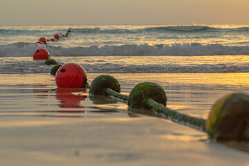 A line of colorful buoys resting on a sandy beach at sunset, gently curving towards the ocean, evoking a sense of calm and the rhythm of coastal life.Buoys create a safety zone for tourists