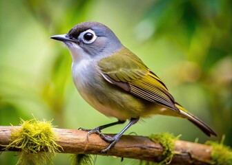 A small, grayish-olive bird with a distinctive black crown, white eye ring, and dark tail feathers perches on a branch in a lush forest habitat.