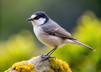 Obraz premium A small, grey-and-white bird with distinctive white eyebrows and a black throat patch perches on a rock, looking alert in its natural habitat.