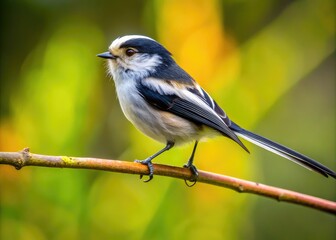 Obraz premium A Small, Long-Tailed Bird With A Distinctive Black And White Plumage, Perched On A Branch With An Open Beak.