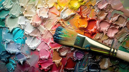 Obraz premium Close-up of a paintbrush working on a palette with vibrant multi-colored paints, including blue, yellow and red pigments, creating an abstract and textured surface.