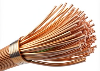 Copper fibre optic cables for data transmission, curled and arranged in a decorative pattern, isolated on white clean background, highlighting their flexibility.