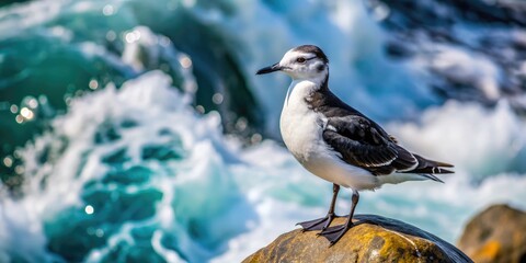 A small to medium-sized seabird with distinctive black and white feathers, perched on a rocky coastline, gazing out at the turbulent ocean with curiosity.