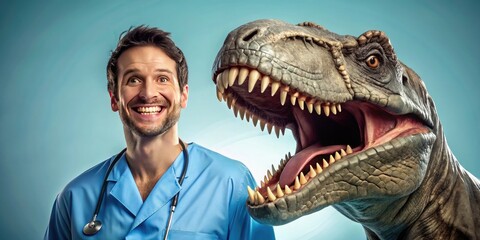 Obraz premium A smiling, scrub-clad medical professional stands confidently beside a massive, toothy predator, creating an unforgettable and humorous contrast between caregiver and fearsome creature.