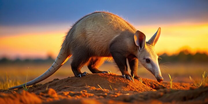 A solitary aardvark with its long snout and powerful claws emerges from the darkness of its burrow, surrounded by African savannah grasslands at dusk.