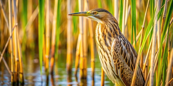 A solitary American Bittern stands motionless among tall reeds in a serene wetland, its cryptic plumage blending seamlessly into the surrounding vegetation.
