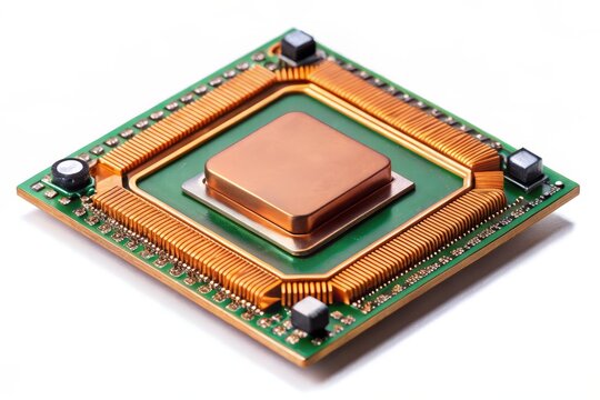 Vibrant, high-magnification photo of a copper-based thermal paste, applied to a micro-electronic component, isolated on a clean white background