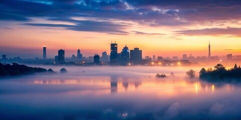 Fototapeta premium Whispers of a calming melody, gentle fog, and a subtle cityscape at dusk with a minimalist composition.