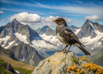 A Solitary Ring Ouzel Perches On A Rocky Outcrop, Against A Backdrop Of A Vast And Rugged Mountain Landscape.